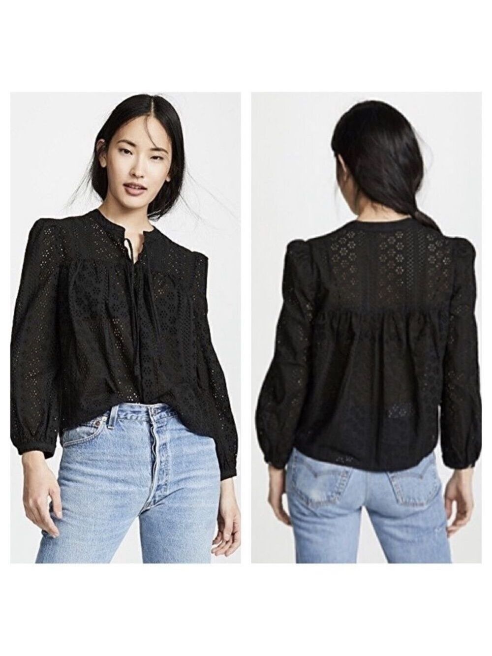 Madewell Black Eyelet Double Tie Peasant Top